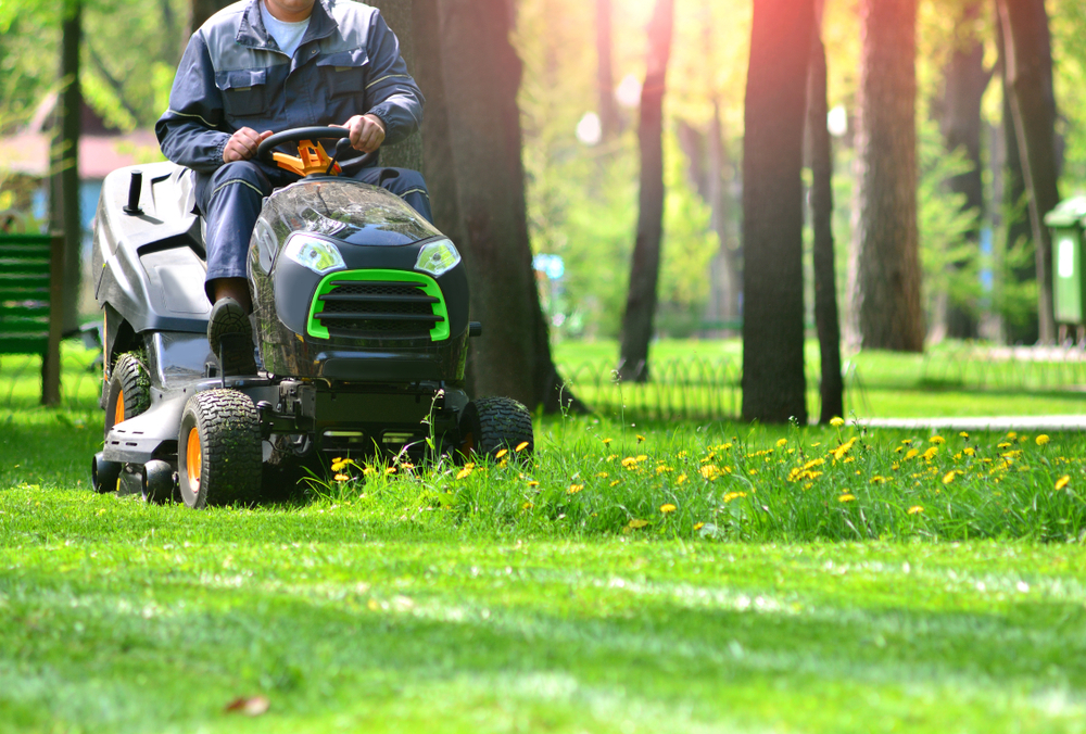 Riding mower cutting through long grass