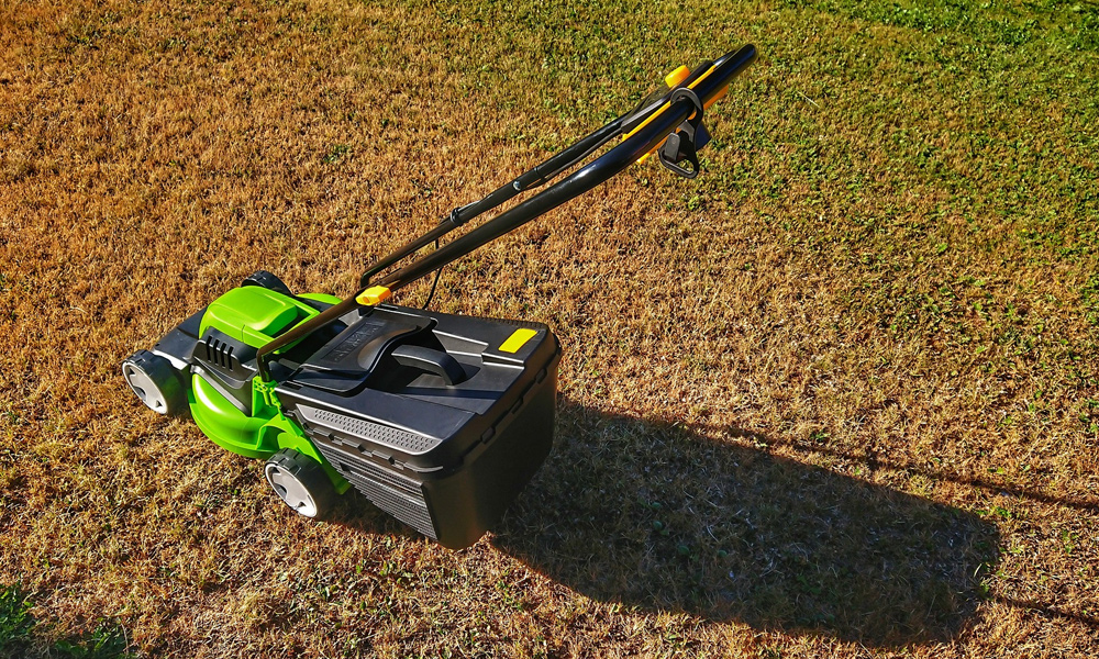 Lawn mower sitting on a lawn.