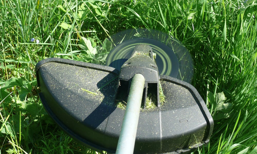 a brush cutter cutting through long grass