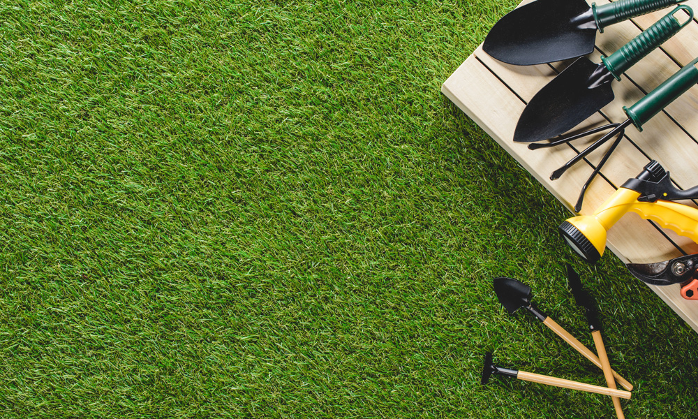 garden tools on green grass