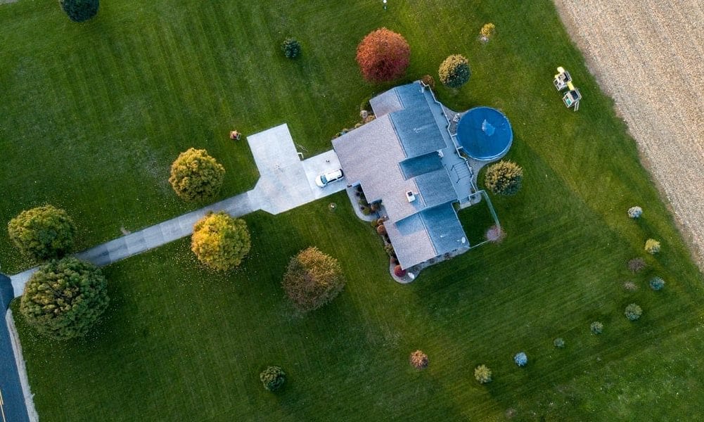 Birds eye view of a house and garden