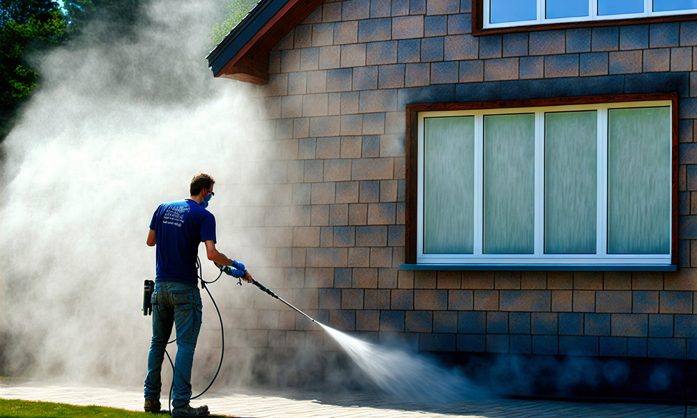 Pressure washer cleaning a house