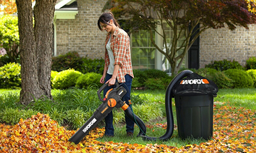 Women using a worx leaf blower